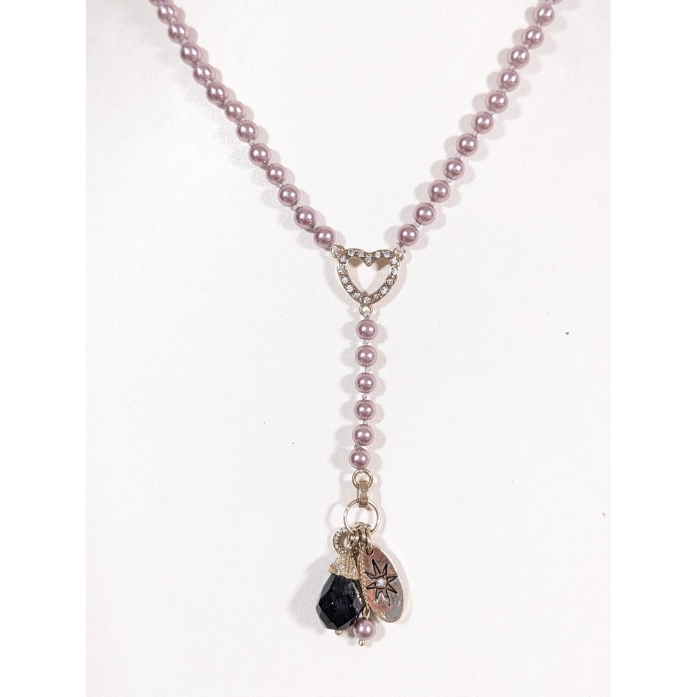 Monet Purple Glass Beaded Lariat Necklace Faux Pearl Gold Tone Y Drop 18in